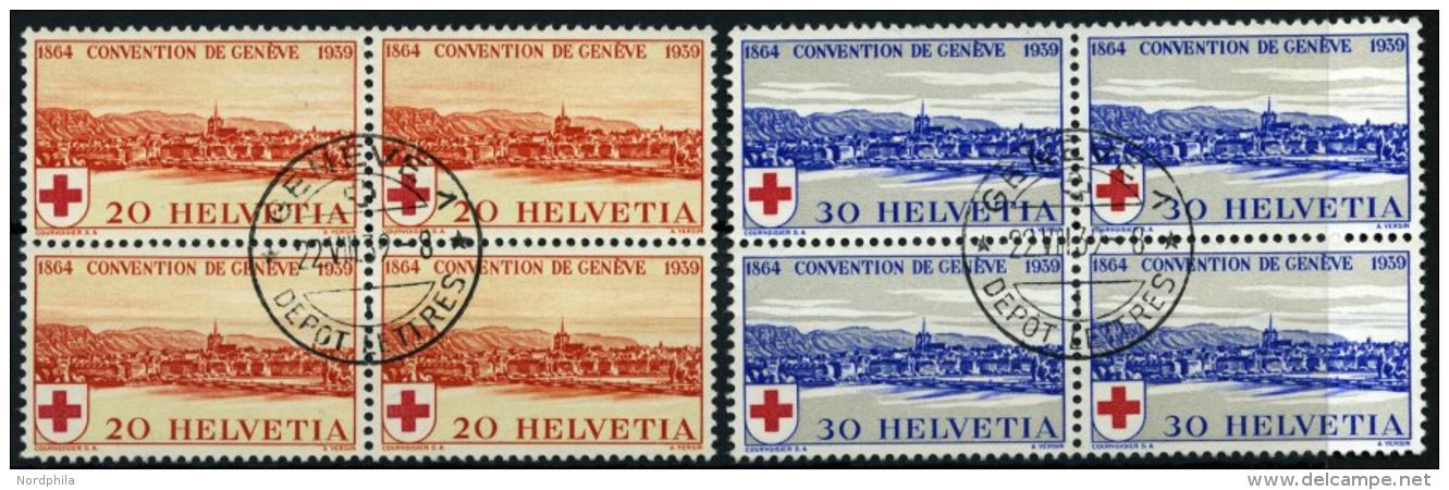 SCHWEIZ BUNDESPOST 357/8 VB O, 1939, Rotes Kreuz In Viererblocks Mit Zentrischen Ersttags-Stempeln, Pracht - Used Stamps