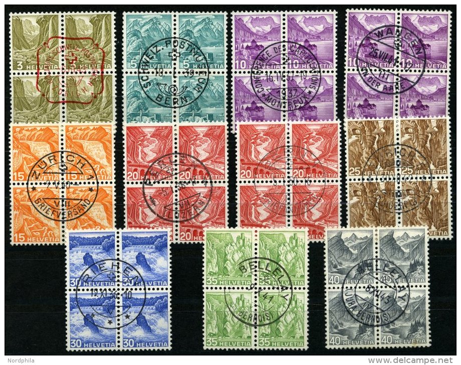 SCHWEIZ BUNDESPOST 297-305I,IIz VB O, 1936, Landschaften, Geriffelter Gummi, In Zentrisch Gestempelten Viererblocks, 10 - Used Stamps