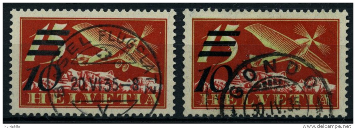 SCHWEIZ BUNDESPOST 285a,b O, 1935, 10 C. Auf 15 C. Flugpost, Beide Aufdrucke, 2 Prachtwerte, Mi. 125.- - Used Stamps