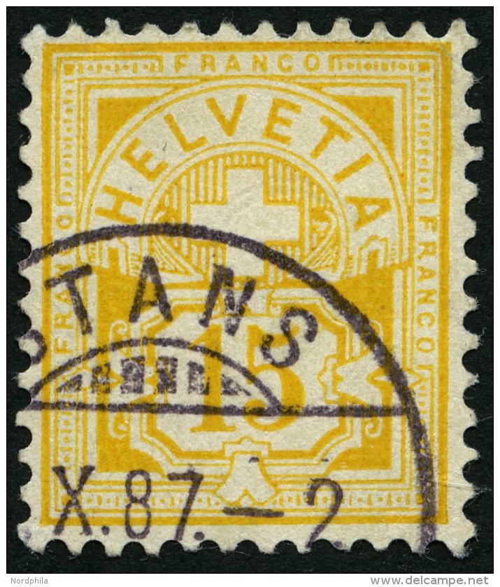 SCHWEIZ BUNDESPOST 49 O, 1882, 15 C. Lebhaftgelbocker, Minimaler Eckbug Sonst Pracht, Mi. 300.- - Oblitérés