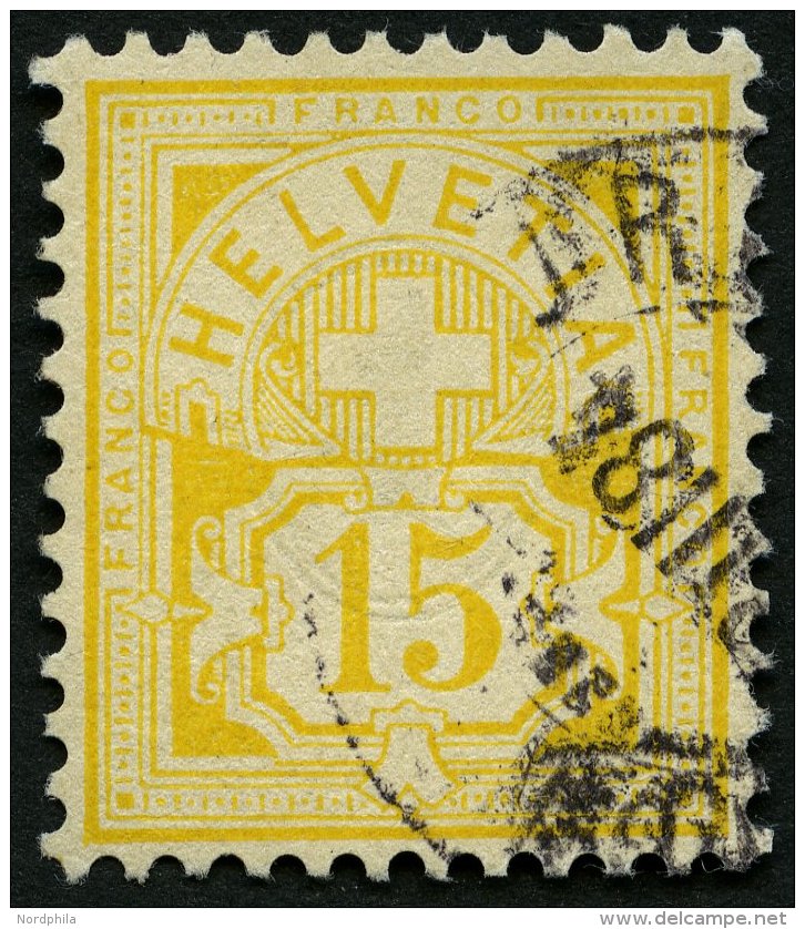 SCHWEIZ BUNDESPOST 49 O, 1882, 15 C. Lebhaftgelbocker, Pracht, Fotobefund Marchand, Mi. 300.- - Used Stamps