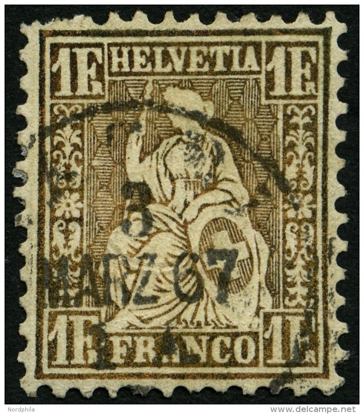 SCHWEIZ BUNDESPOST 28a O, 1863, 1 Fr. Goldbronze (gelblich), Feinst (kleine Zahnfehler), Mi. 420.- - Used Stamps