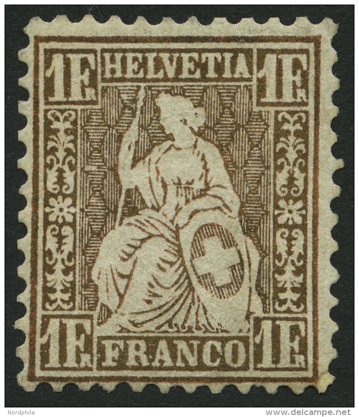 SCHWEIZ BUNDESPOST 28a *, 1863, 1 Fr. Goldbronze, Zähnung Leicht Korrigiert Und Eingesetzter Eckzahn, Mi. 1400.- - Oblitérés