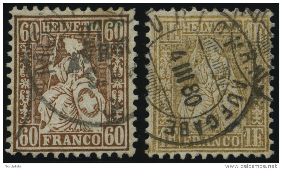 SCHWEIZ BUNDESPOST 27,28c O, 1863/4, 60 C. Rötlichbronze Und 1 Fr. Gold, 2 Werte Feinst, Mi. 270.- - Gebruikt