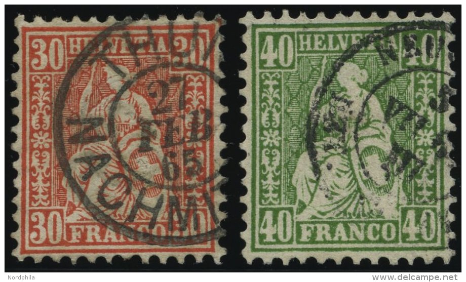 SCHWEIZ BUNDESPOST 25/6 O, 1862/3, 30 C. Zinnober Und 40 C. Grün, 2 Prachtwerte, Mi. 100.- - Oblitérés