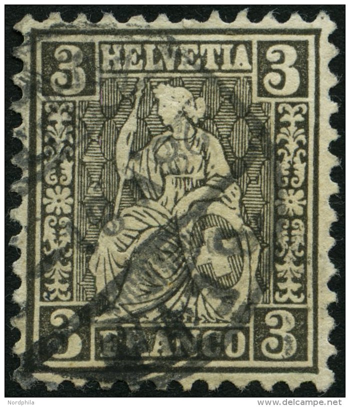 SCHWEIZ BUNDESPOST 21a O, 1862, 3 C. Grauschwarz, üblich Gezähnt Pracht, Gepr. Marchand, Mi. 130.- - Oblitérés