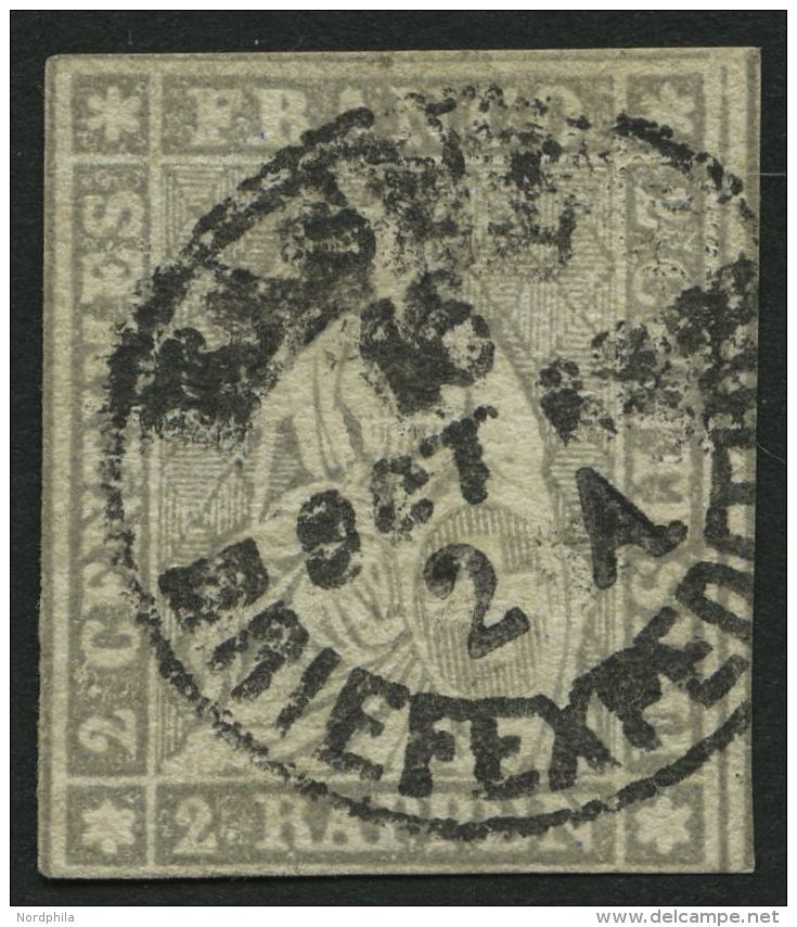 SCHWEIZ BUNDESPOST 19 O, 1862, 2 Rp. Grau, Berner Druck III, (Zst. 21G), Unten Leicht Angeschnitten Sonst Pracht, Mi. 48 - Gebruikt