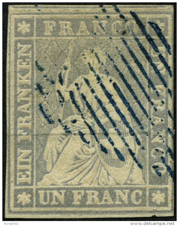 SCHWEIZ BUNDESPOST 18IIAys O, 1855, 1 Fr. Violettgrau, Schwarzer Seidenfaden, Berner Druck II, (Zst. 27C), Mit Blauem Ra - Used Stamps