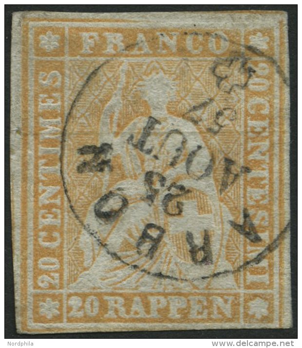 SCHWEIZ BUNDESPOST 16IIAzm O, 1855, 20 Rp. Gelborange, Seidenpapier, Berner Druck I., (Zst. 25F), Fingerhutstempel ARBON - Used Stamps