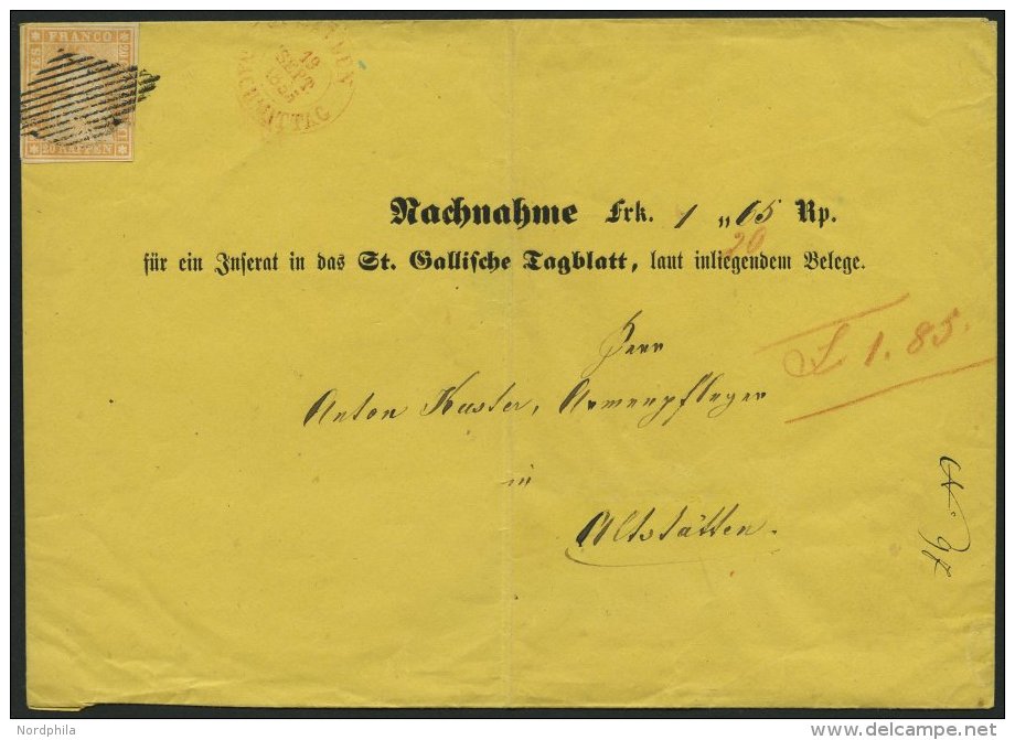 SCHWEIZ BUNDESPOST 16IIAym BRIEF, 1855, 20 Rp. Gelborange, Berner Druck I, (Zst. 25Ba), Fast Allseits Breitrandig, Auf G - Gebruikt