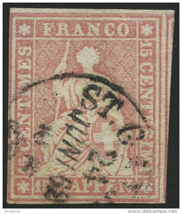 SCHWEIZ BUNDESPOST 15IIBym O, 1857, 15 Rp. Rosa, Grüner Seidenfaden, Berner Druck III, (Zst. 24G), Vollrandig Prach - Used Stamps