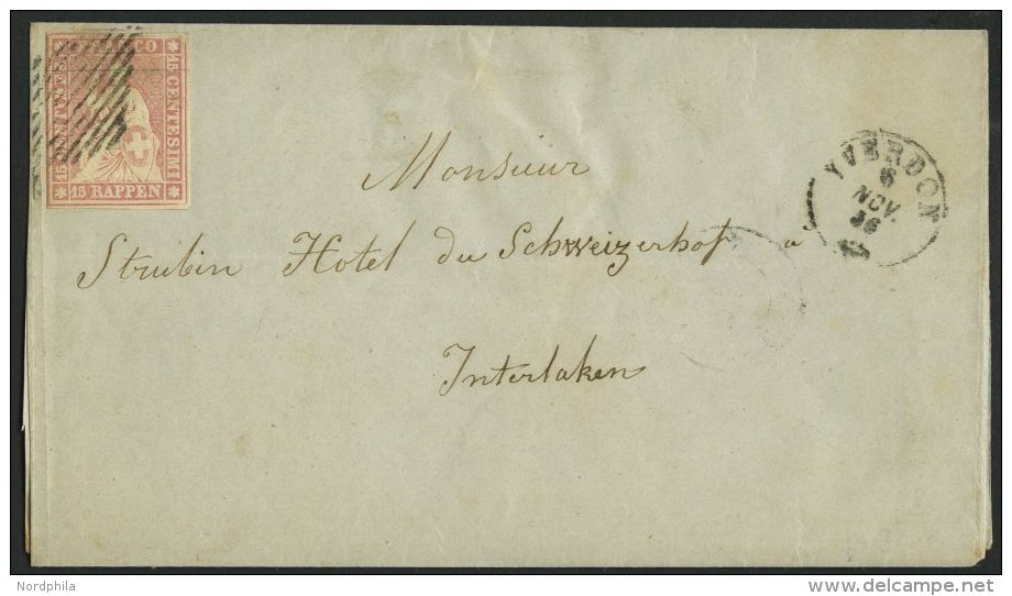 SCHWEIZ BUNDESPOST 15IIAym BRIEF, 1856, 15 Rp. Rosa, Berner Druck I, (Zst. 24Ba), Links Leicht Berührt Auf Briefh&u - Used Stamps