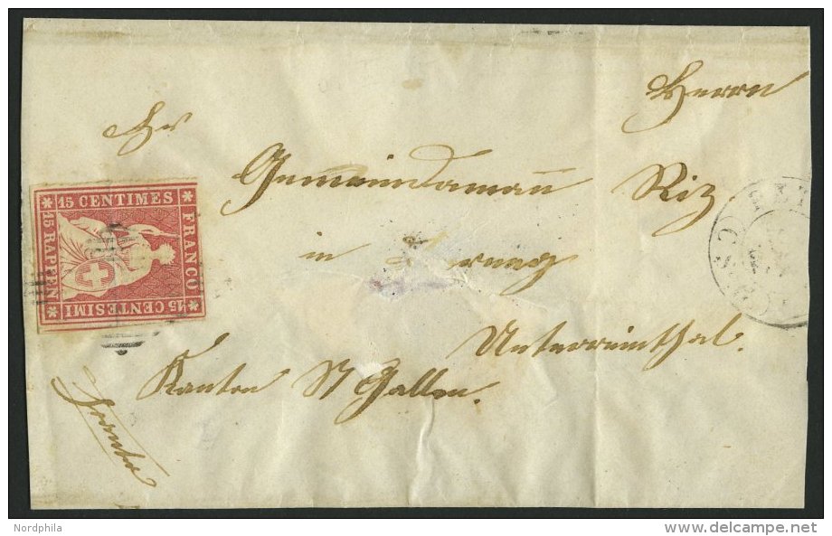 SCHWEIZ BUNDESPOST 15Ib BRIEF, 1855, 15 Rp. Hellilakarmin, 2. Münchner Druck, (Zst. 24Ad), Oben Teils Angeschnitten - Oblitérés