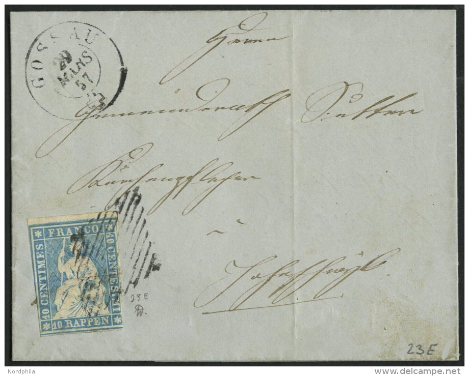SCHWEIZ BUNDESPOST 14IIBzo BRIEF, 1856, 10 Rp. Grünlichblau, Seidenpapier, Berner Druck II, (Zst. 23E), Oberrandst& - Covers & Documents