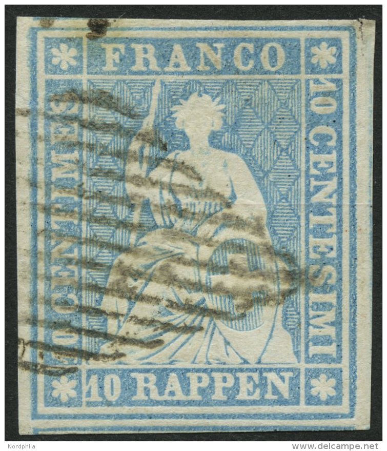 SCHWEIZ BUNDESPOST 14IIAyob O, 1855, 10 Rp. Milchblau, Berner Druck II, (Zst. 23 Ca), Allseits Breitrandig, Kleiner Vort - Gebruikt