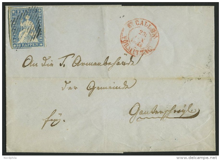 SCHWEIZ BUNDESPOST 14Ib BRIEF, 1855, 10 Rp. Mittelblau, 2. Münchner Druck, (Zst. 23Ac), Dreiseitig Breitrandig Auf - Gebruikt