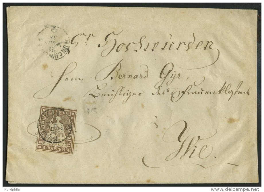 SCHWEIZ BUNDESPOST 13IIBysa BRIEF, 1858, 5 Rp. Braun, Schwarzer Seidenfaden, Berner Druck II, (Zst. 22D), Bis Auf Eine E - Gebruikt