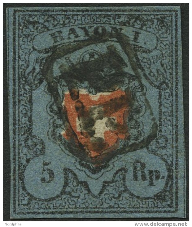 SCHWEIZ BUNDESPOST 7II O, 1850, 5 Rp. Schwarz/zinnoberrot Auf Blau, Ohne Kreuzeinfassung, Type 20, Mit Schwarzem P.P. Mi - 1843-1852 Timbres Cantonaux Et  Fédéraux