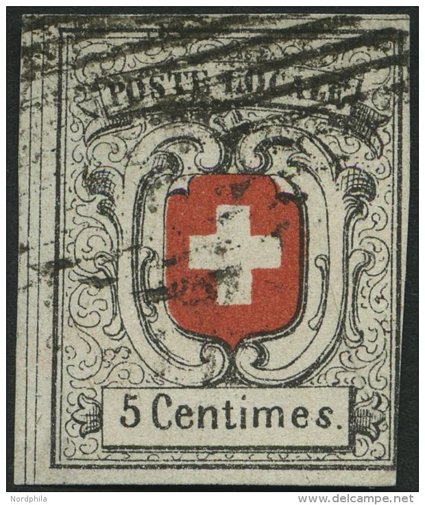 SCHWEIZ BUNDESPOST 3a O, 1851, 5 C. Grauschwarz/dunkelzinnoberrot, Sog. Neuenburg, Links Mit Doppelten Trennungslinien, - 1843-1852 Federal & Cantonal Stamps