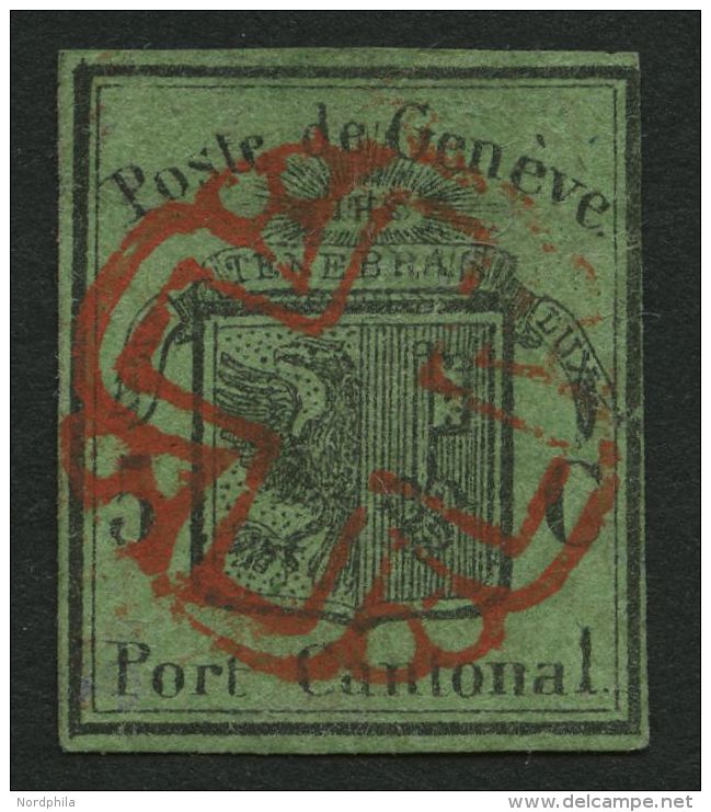 GENF 5 O, 1848, 5 C. Schwarz Auf Grünlicholiv Großer Adler, Rote Rosette, Fotoattest Nussbaum: Bis Auf Zwei K - 1843-1852 Federal & Cantonal Stamps