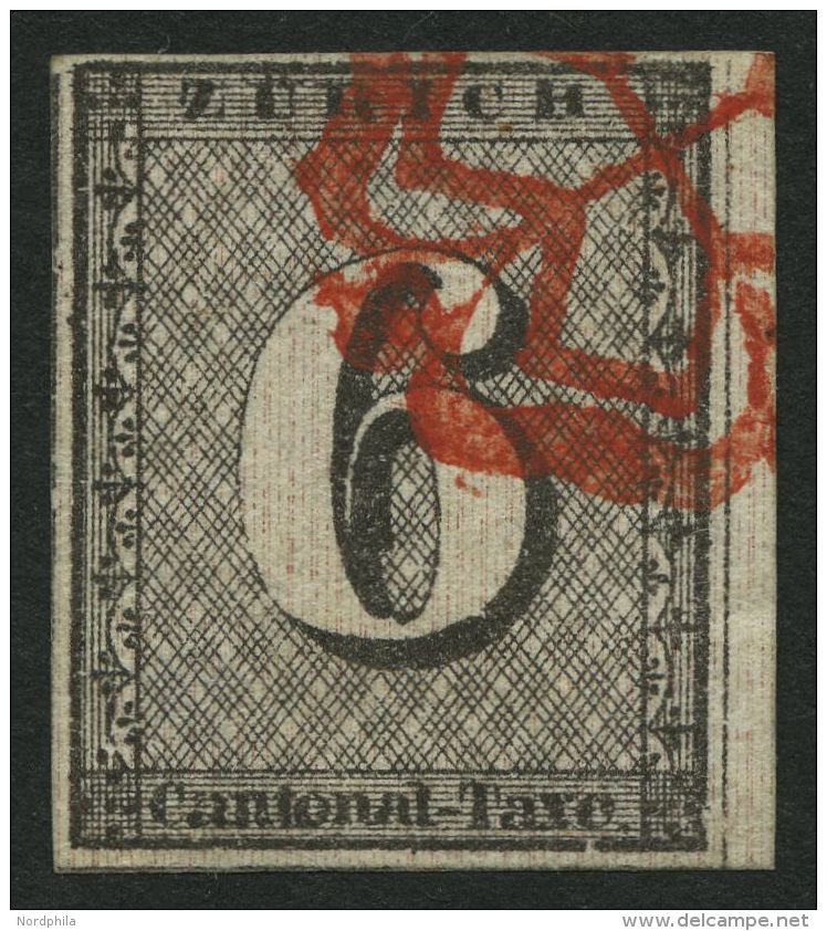 ZÜRICH 2I O, 1843, 6 Rp. Schwarz/dunkelbräunlichrot, Linienunterdruck Senkrecht, Type 20, Allseits Breitrandig - 1843-1852 Federal & Cantonal Stamps