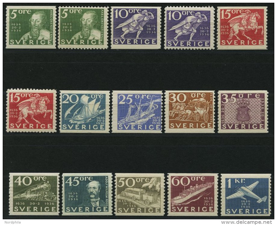 SCHWEDEN 227-38A/B *, 1936, 300 Jahre Post, Beide Zähnungen, Falzrest, Prachtsatz (15 Werte) - Used Stamps