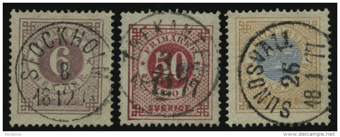 SCHWEDEN 20a,25/6A O, 1872, 6 Ö. Lila, 50 Ö. Rosa Und 1 R. Braun/blau, 3 Prachtwerte - Used Stamps