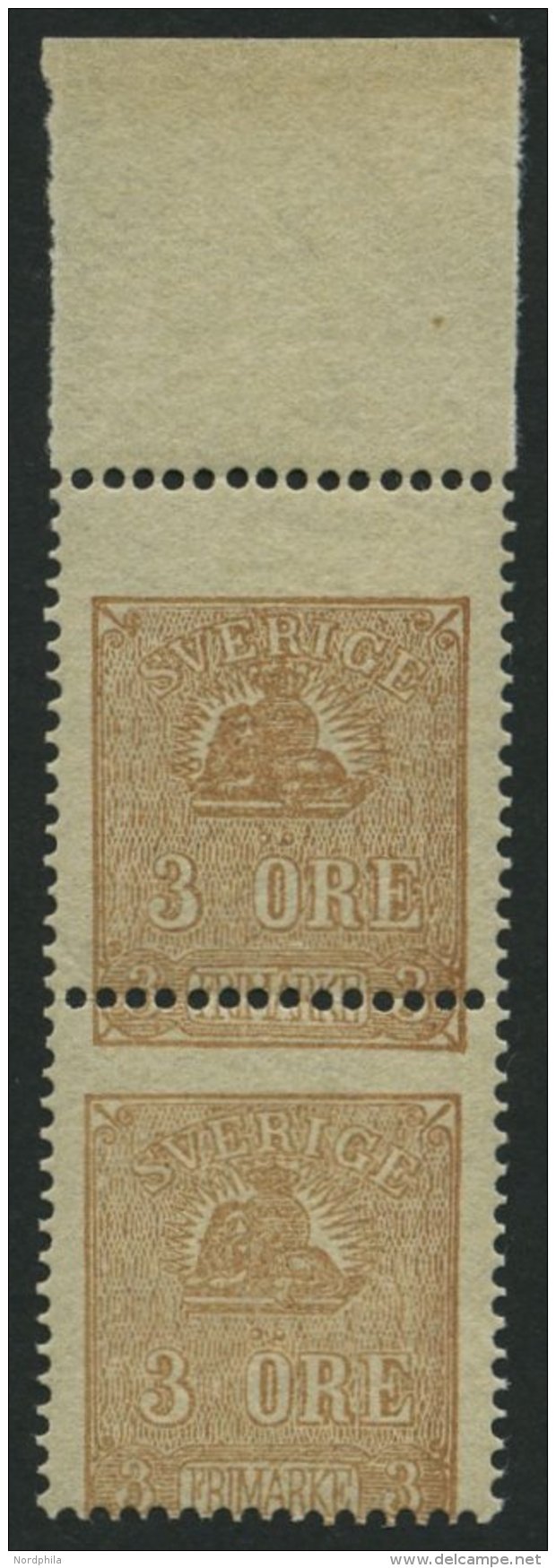 SCHWEDEN 14II Paar **, 1863, 3 Ö. Braun Im Senkrechten Oberrandpaar Mir Starker Verzähnung, Postfrisch, Kabine - Used Stamps