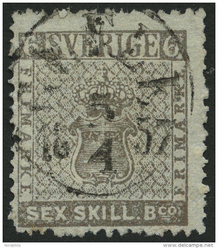SCHWEDEN 3a O, 1855, 6 Skill. Bco. Bräunlichgrau, Zentrischer K1 GEFLE, Feinst(kleine Zahnmängel), Mi. 1100.- - Used Stamps