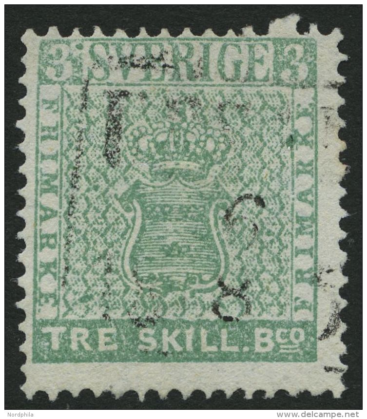 SCHWEDEN 1a O, 1855, 3 Skill. Bco. Hellbläulichgrün, R3 UPSALA, Pracht, Fotoattest Sjöman, Mi. 3500.- - Used Stamps