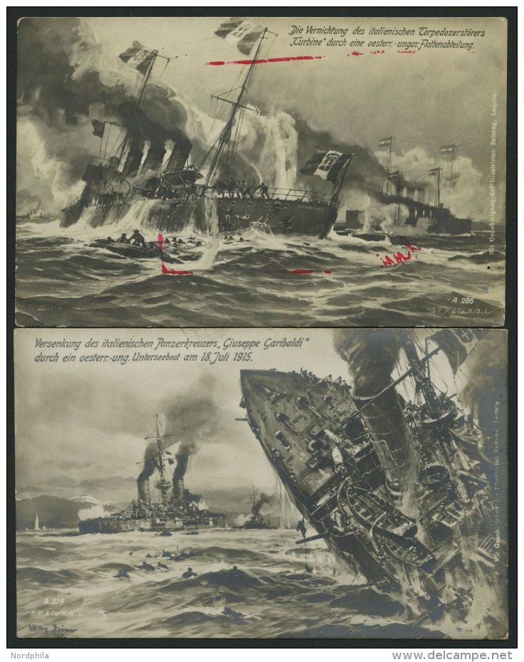 FELDPOST 1915, 2 Verschiedene Künstlerkarten, Kriegsszenen Auf See Mit Beteiligung Der österreich-ungarischen - Other & Unclassified