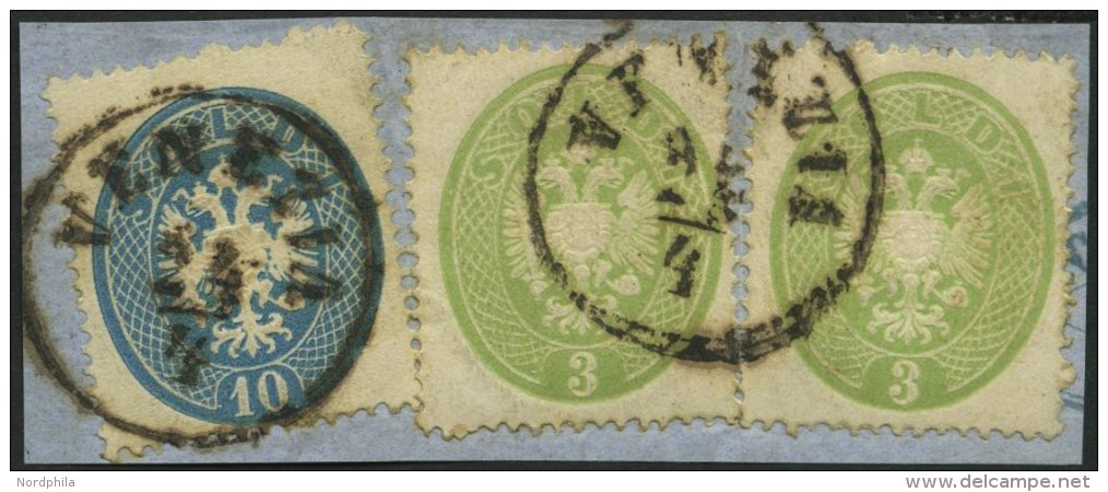 LOMBARDEI UND VENETIEN 15,17 BrfStk, 1863, 3 So. Grün (2x) Und 10 So. Blau Auf Prachtbriefstück, K1 VENEZIA, G - Lombardije-Venetië