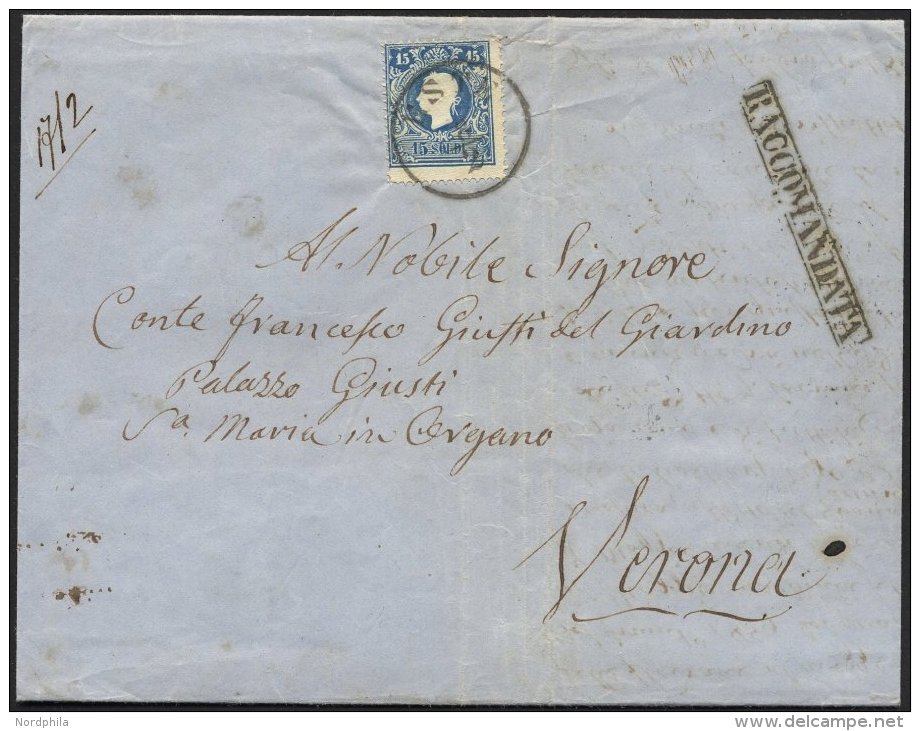 LOMBARDEI UND VENETIEN 10/1II BRIEF, 1860, 15 So. Blau Und 10 So. Lilabraun (rückseitig), Type II, Auf Gesiegeltem - Lombardy-Venetia