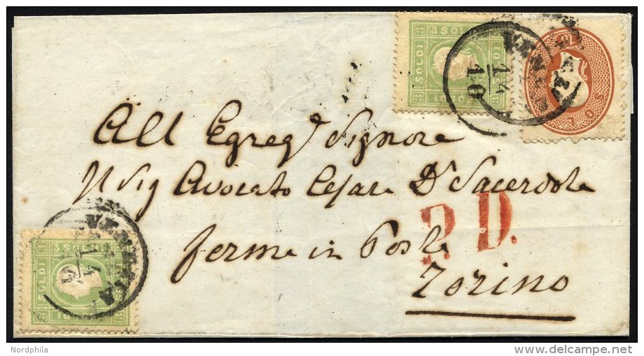 LOMBARDEI UND VENETIEN 8a,13 BRIEF, 1863, Mischfrankatur: 1863, 3 So. Grün, Type II, 2x Mit 10 So. Rötlichbrau - Lombardy-Venetia