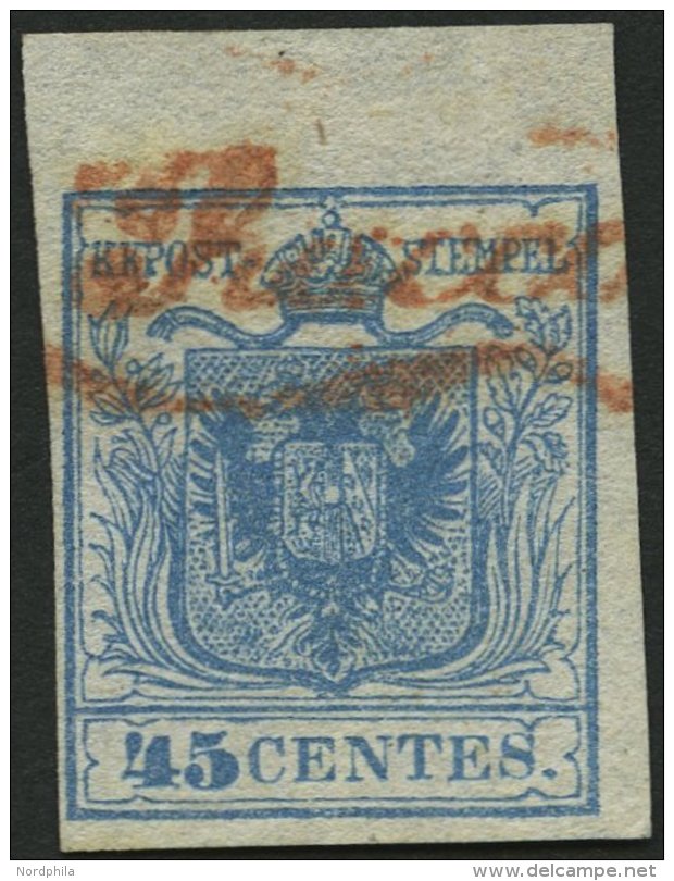 LOMBARDEI UND VENETIEN 5Xa O, 1850, 45 C. Hellblau, Handpapier, Type I, Oberes Randstück 5 Mm, Roter L1 RACCO..., P - Lombardije-Venetië