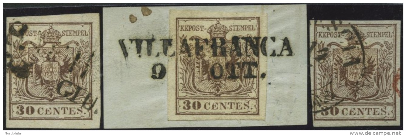 LOMBARDEI UND VENETIEN 4Xao, BrfStk, 1850, 30 C. Dunkelbraun (3x), Handpapier, Type I, Je Mit Plattenfehler Farbfleck Im - Lombardy-Venetia