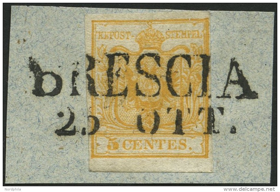 LOMBARDEI UND VENETIEN 1Xa BrfStk, 1850, 5 C. Gelb, Handpapier, Type Ib, Erstdruck, Randdruck Rechts, L2 BRESCIA, Pracht - Lombardije-Venetië