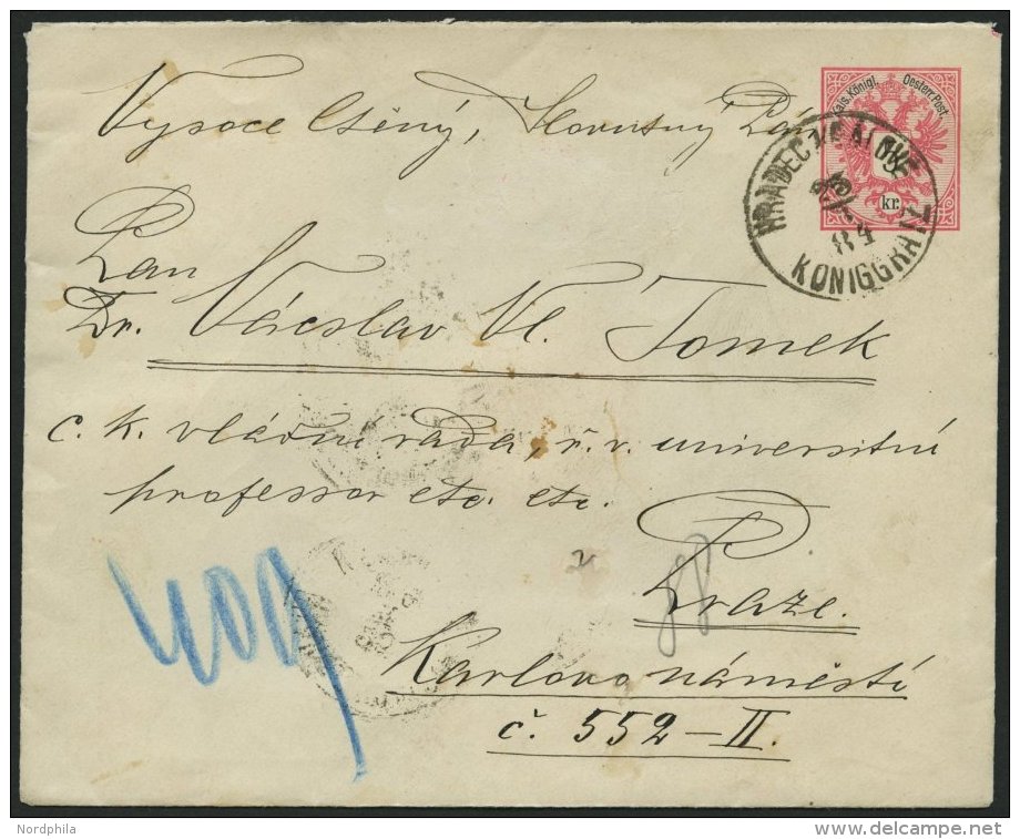 GANZSACHEN U 62a,46 BRIEF, 1889, 5 Kr. Rosa, Umschlag Mit Rückseitigem Reco-Porto 2x 5 Kr. Doppeladler Von HRADEK N - Other & Unclassified