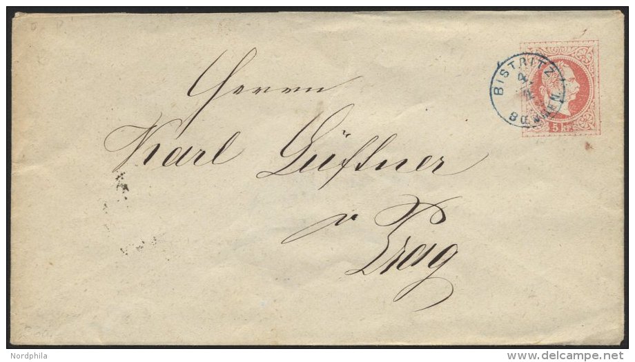 GANZSACHEN U 55 BRIEF, 1872, 5 Kr. Rot Mit Blauem Fingerhutstempel BISTRITZ BOEHMEN, Pracht - Other & Unclassified