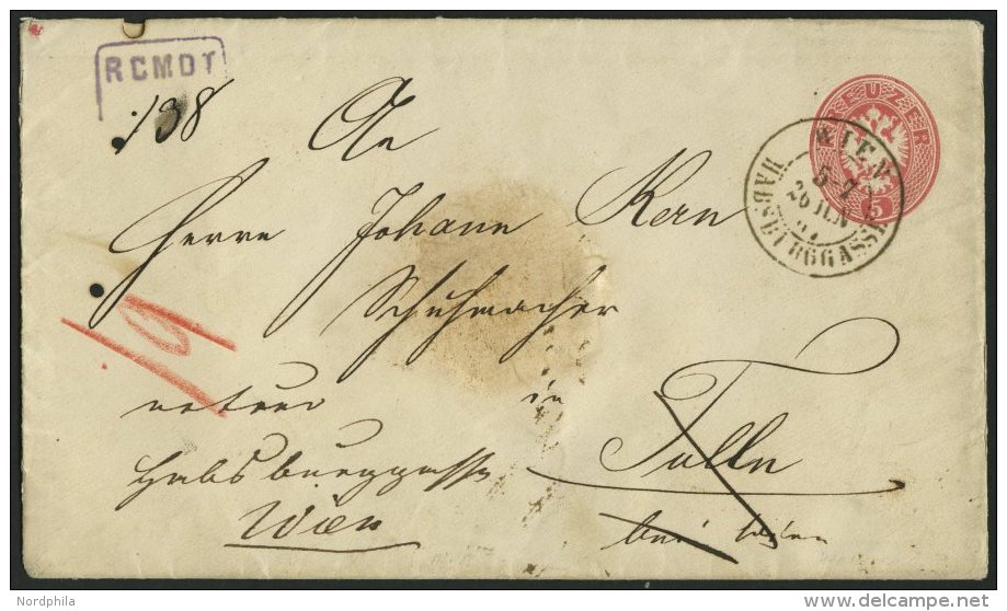GANZSACHEN U 42,33 BRIEF, 1866, 5 Kr. Rot, Wz. 2, Umschlag Mit Rückseitigem Reco-Porto 10 Kr. Blau Von WIEN-HABSBUR - Other & Unclassified