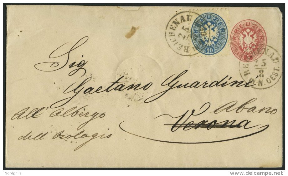 GANZSACHEN U 33,33 BRIEF, 1865, 5 Kr. Rot, Wz. 1, Umschlag Mit Zusatzfrankatur 10 Kr. Blau Von REICHENAU Nach Abano, Fei - Other & Unclassified