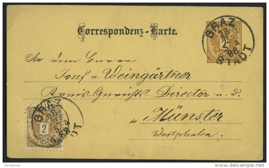 GANZSACHEN P 43,44 BRIEF, 1888, 2 Kr. Braun, Karte (deutsch) Mit Zusatzfrankatur 2 Kr. Doppeladler Von GRAZ STADT Nach M - Other & Unclassified
