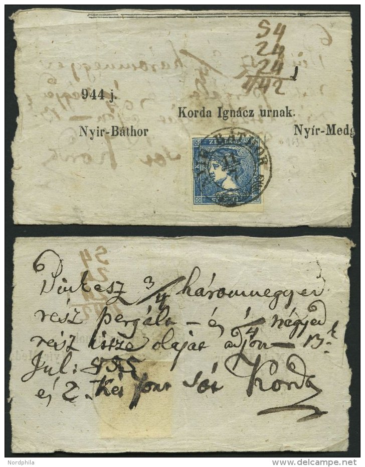 STERREICH 6I BrfStk, 1851, 0.6 Kr. Blau Auf Streifbandausschnitt Mit Ungarischem K2 NYIR BATHOR, Pracht - Autres & Non Classés