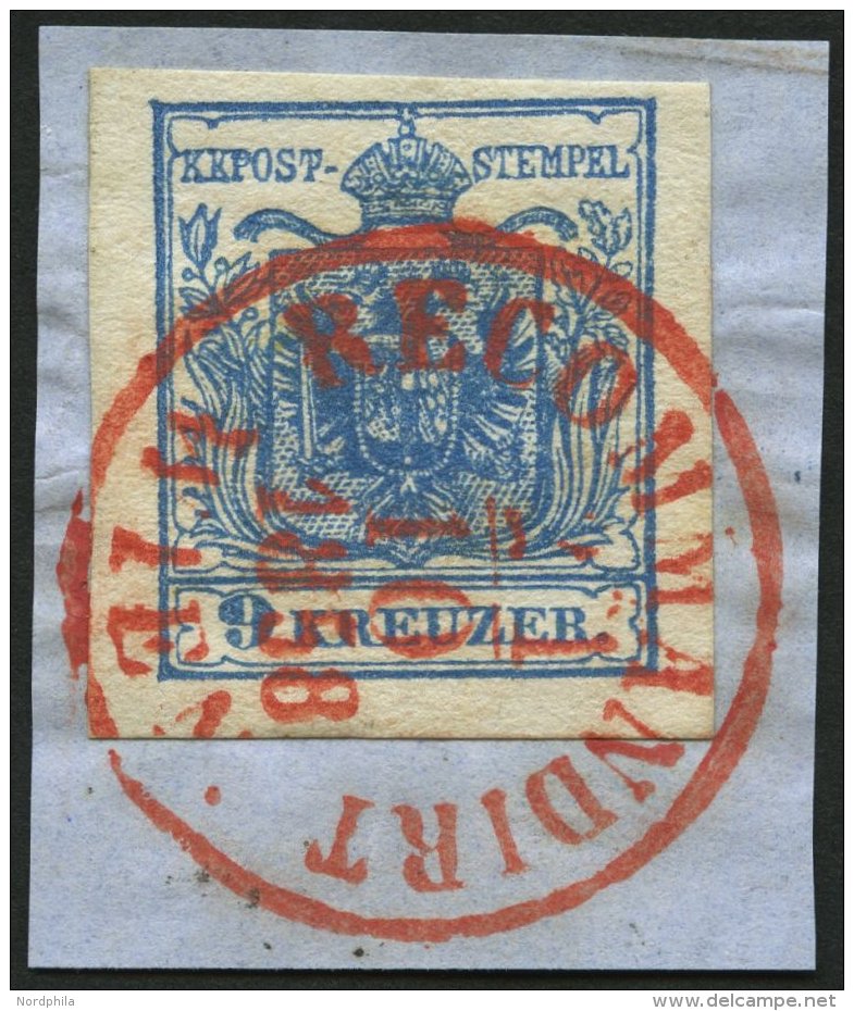 STERREICH 5Y BrfStk, 1854, 9 Kr. Blau, Maschinenpapier, Type IIIb, Roter K1 RECOMMANDIRT/WIEN (Müller 3214 Rd), Kab - Autres & Non Classés