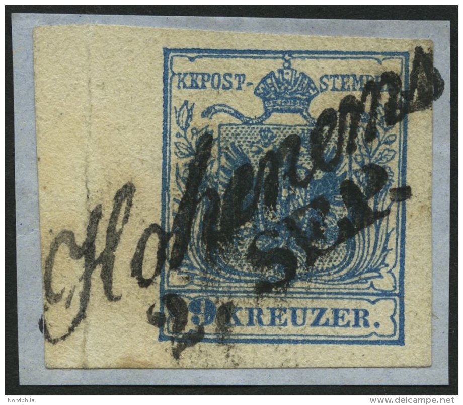 STERREICH 5Y BrfStk, 1854, 9 Kr. Blau, Maschinenpapier, Linkes Randstück (Bugspur Im Rand), L2 HOHENEMS, Prachtbrie - Autres & Non Classés