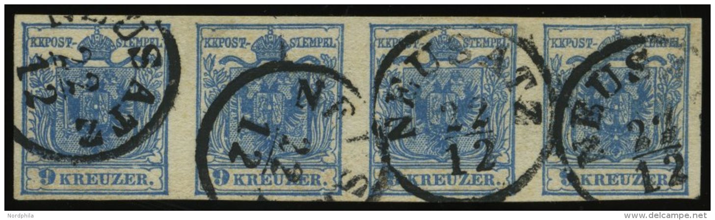 STERREICH 5Y O, 1854, 9 Kr. Blau, Maschinenpapier, Type IIIb, Im Waagerechten Viererstreifen, K1 NEUSATZ, Pracht, Fotoat - Autres & Non Classés