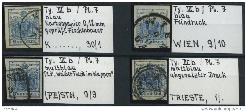 STERREICH 5Xc O, 1850, 9 Kr. Blau, Handpapier, Type IIIb, Platte 7, 4 Werte Mit Verschiedenen Besonderheiten: Plattenfeh - Oblitérés