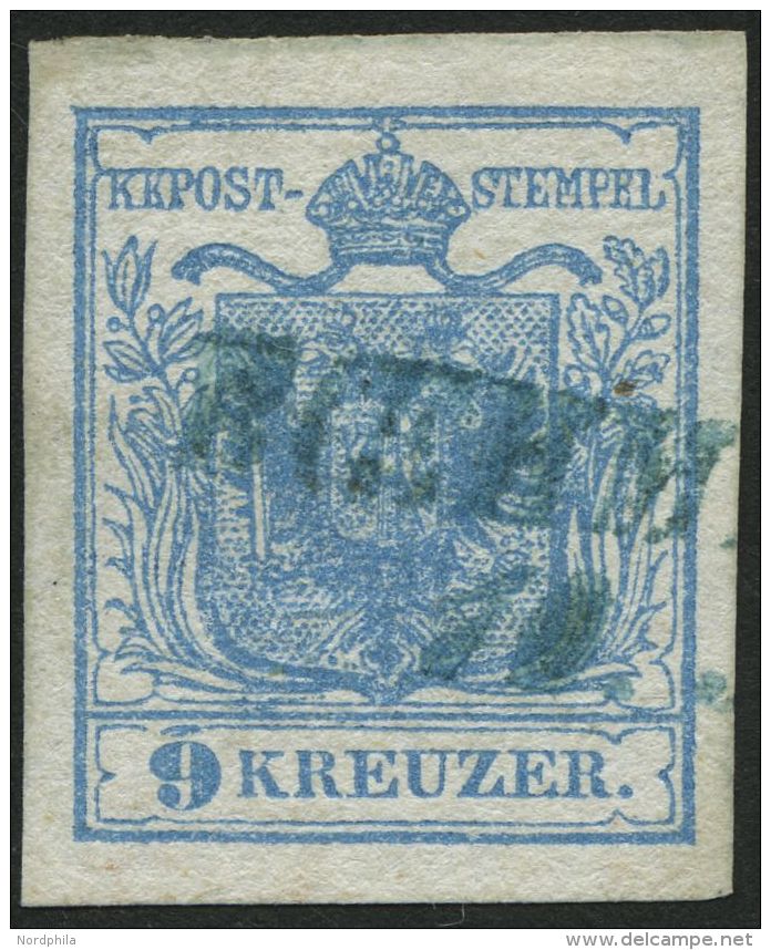 STERREICH 5X O, 1850, 9 Kr. Blau, Handpapier, Mit Grünem L2 BOEHM.(LEIPPA), Pracht - Autres & Non Classés