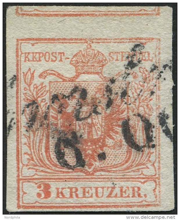 STERREICH 3Xc O, 1850, 3 Kr. Rosa, Handpapier, Type IIIa, Mit Teil Der Oberen Marke Und Plattenfehler Im Rechten Rahmen, - Used Stamps