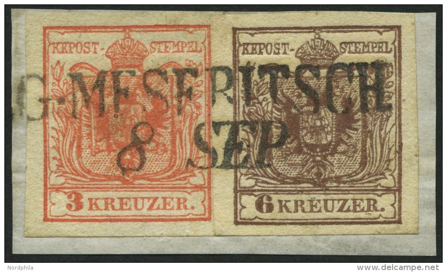 STERREICH 3,4X BrfStk, 1852, 3 Kr. Rot Und 5 Kr. Braun, Handpapier, Mit L2 G. MESERITSCH Auf Kabinettbriefstück, Si - Autres & Non Classés